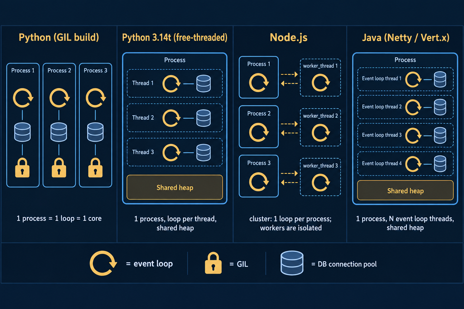Python GIL 빌드, Python 3.14t, Node.js, Java의 이벤트 루프 구성 비교